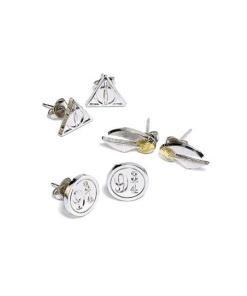 Harry Potter Pack de 3 Pendientes Snitch/Deathly Hallows/Platform 9 3/4 (bañado en plata)