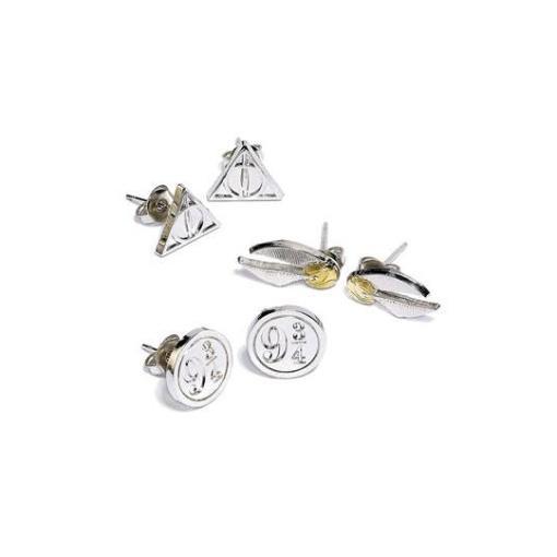 Harry Potter Pack de 3 Pendientes Snitch/Deathly Hallows/Platform 9 3/4 (bañado en plata)